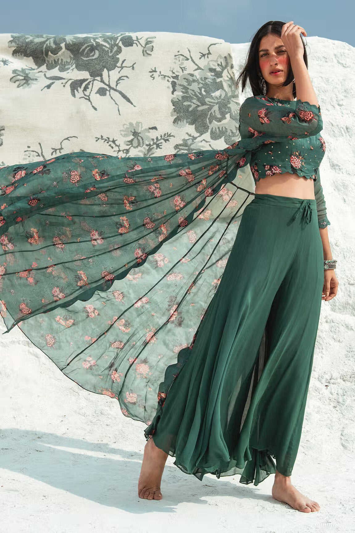 Green Cotton Silk Printed Jacket And Pant Set