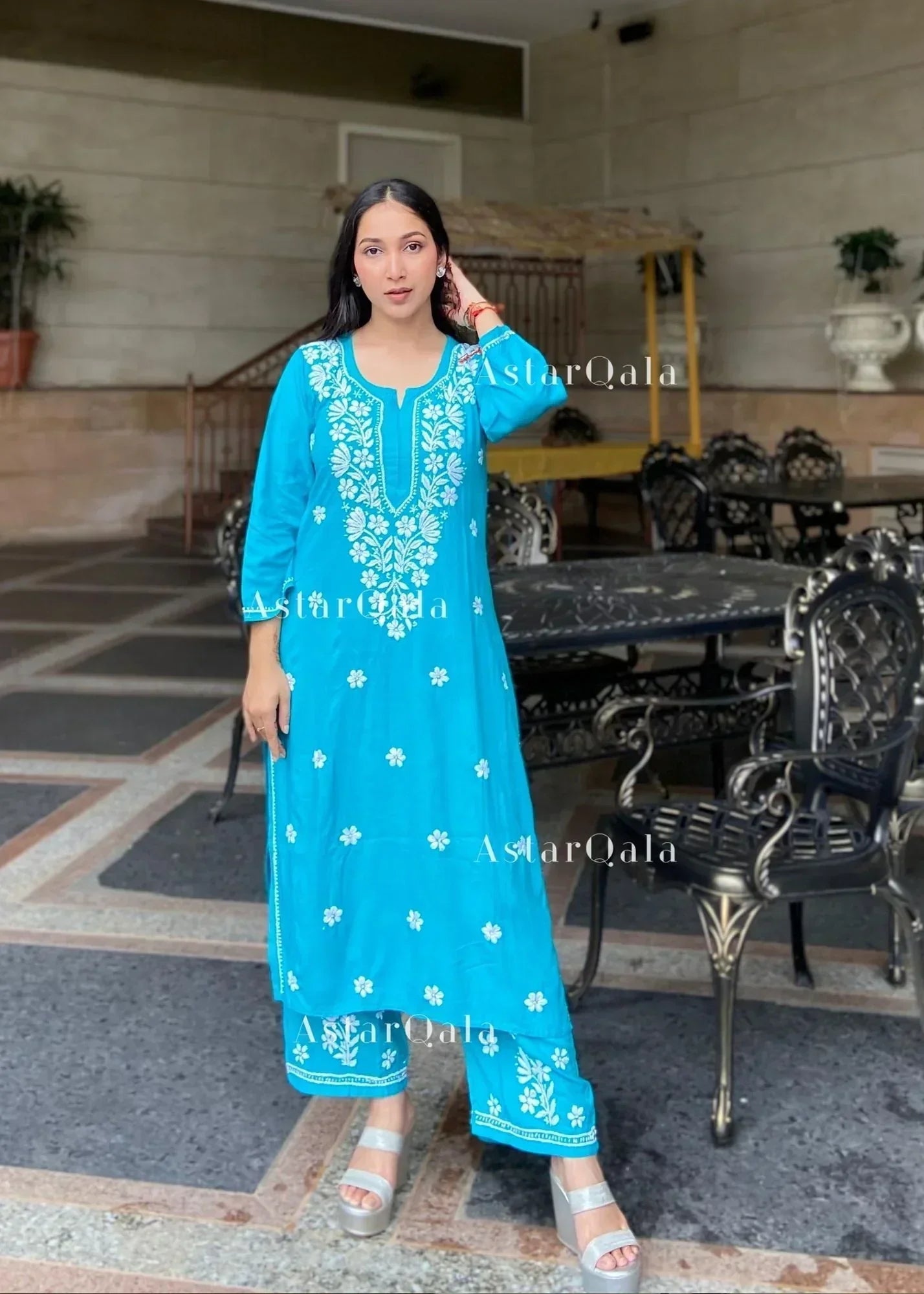 Chikankari Cotton Straight Kurta Set For Women (Blue)