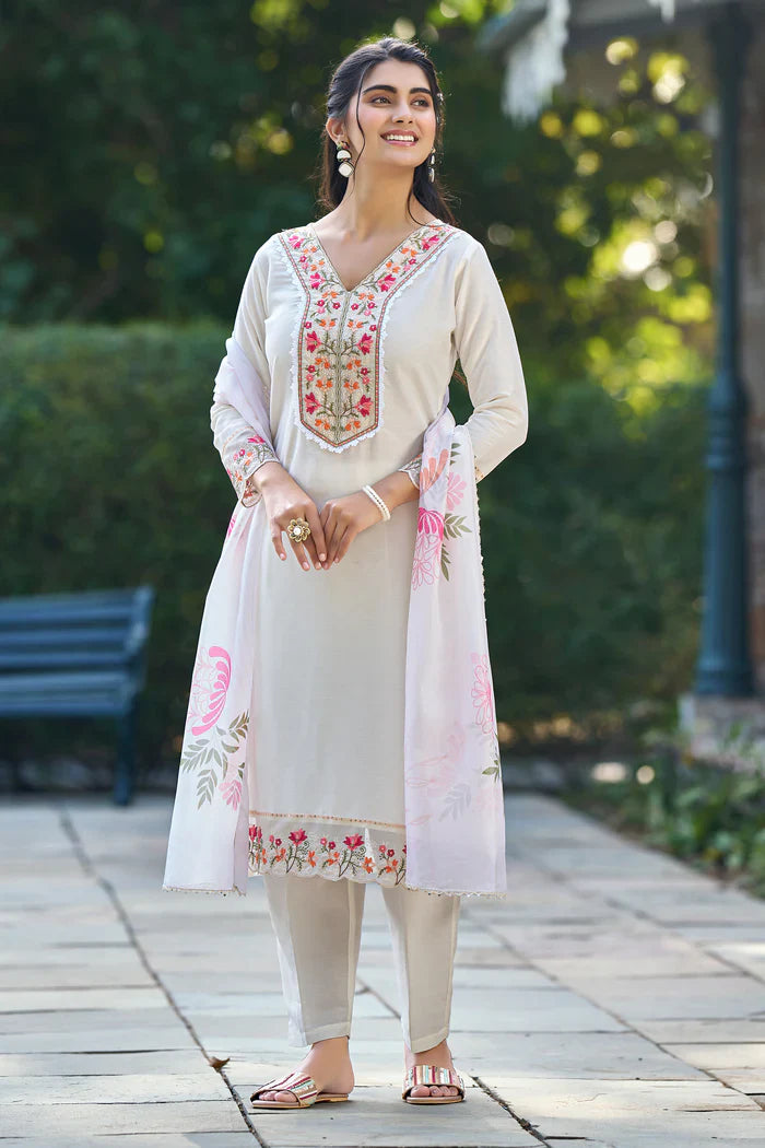 White Embroidered Chinon Solid Straight Kurta With Dupatta Set