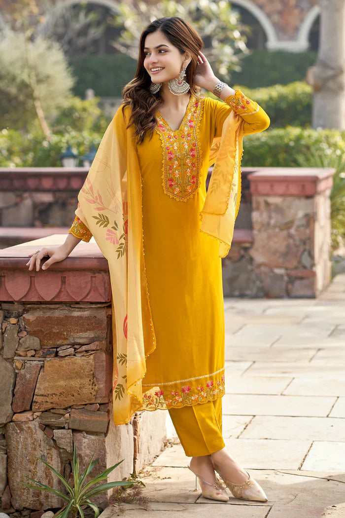 Mustard Embroidered Chinon Solid Straight Kurta With Dupatta Set
