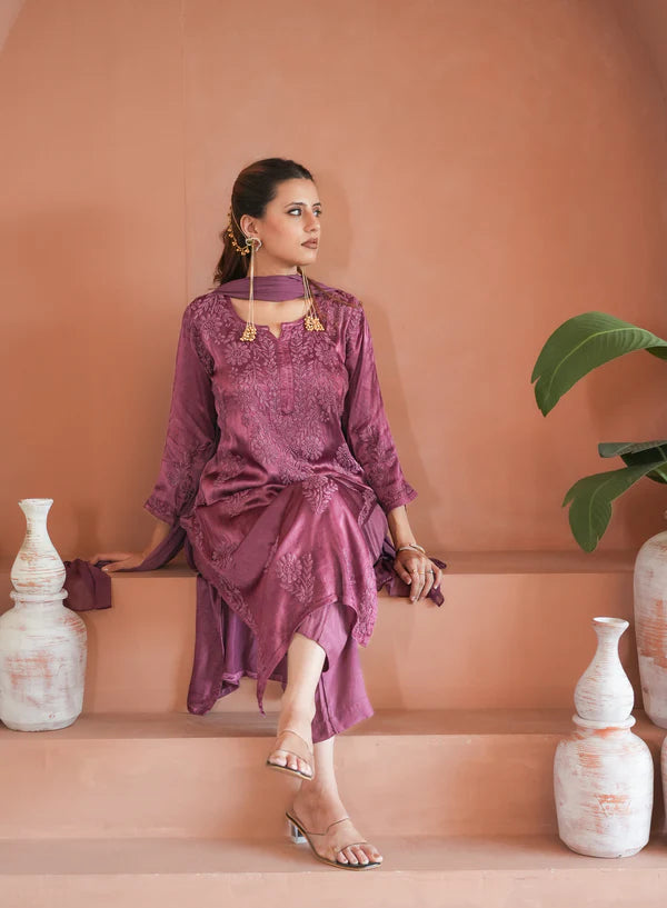 Gulnaar chinon chikankari 3 pc set in Wine