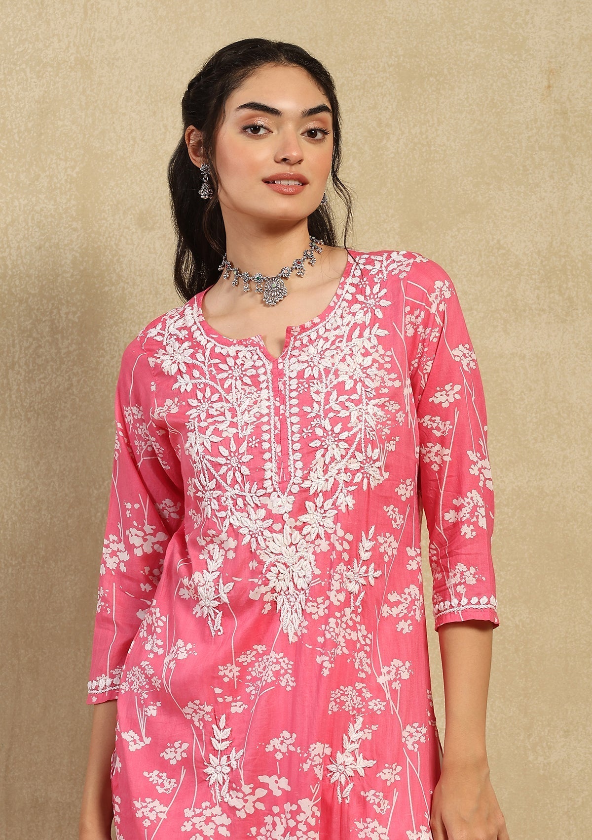 Zainab Chikankari Mulmul Printed Straight Kurta -Pink