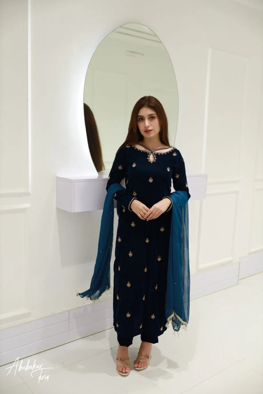 SOLID PEACOCK VELVET KURTA WITH STRAIGHT PANTS AND DUPATTA
