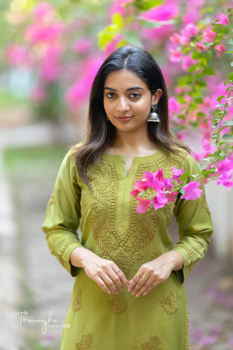 Olive Green Chikankari mul cotton Kurta Pent