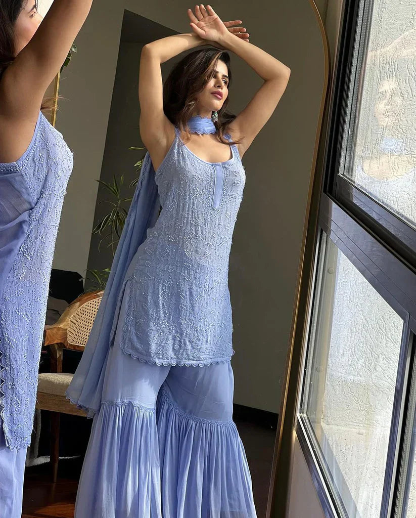 Strappy Viscose Georgette Chikankari Gharara Set (Blue)