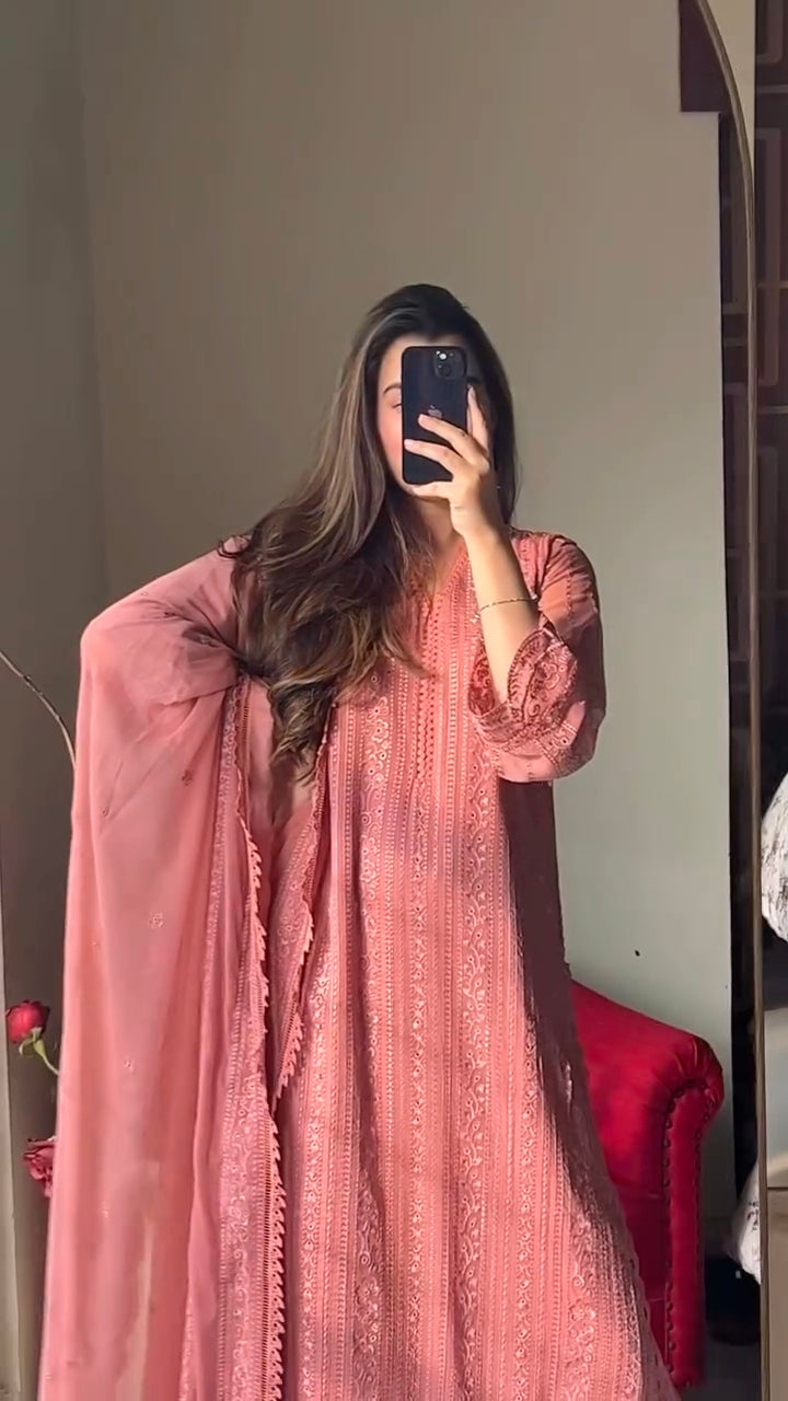 RUNNING WEAR TRENDING FAUX GEORGETTE TOP COTTON THREAD EMBROIDERED WORK AND WORK PLAZO WITH DUPATTA (Peach)