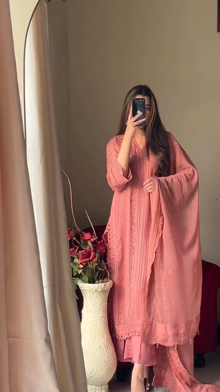 RUNNING WEAR TRENDING FAUX GEORGETTE TOP COTTON THREAD EMBROIDERED WORK AND WORK PLAZO WITH DUPATTA (Peach)