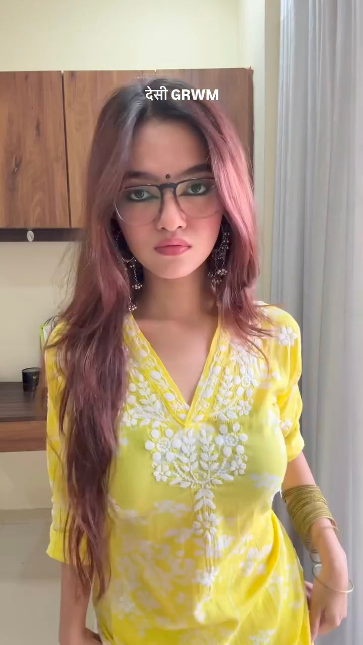 Mul Cotton Chikankari Long Kurta in Yellow