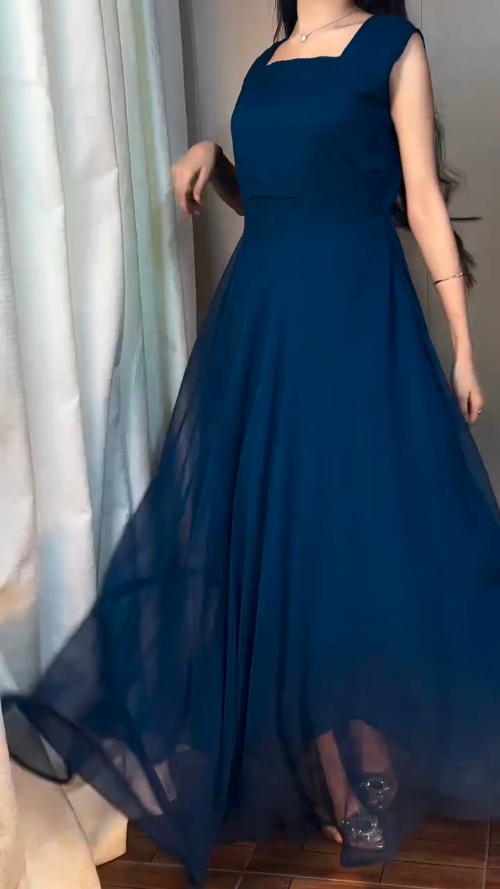 Navy Blue Georgette Cape Dress