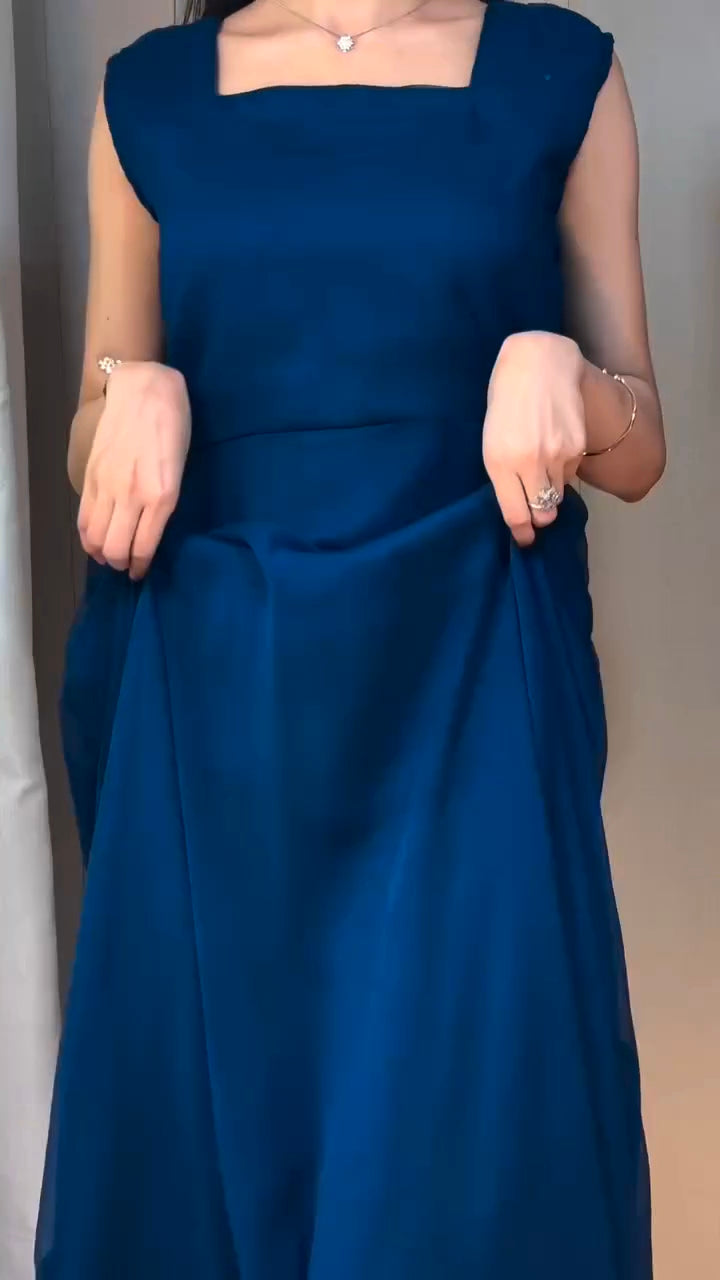 Navy Blue Georgette Cape Dress