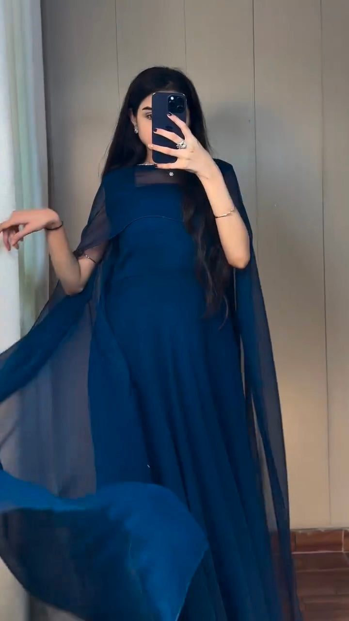 Navy Blue Georgette Cape Dress