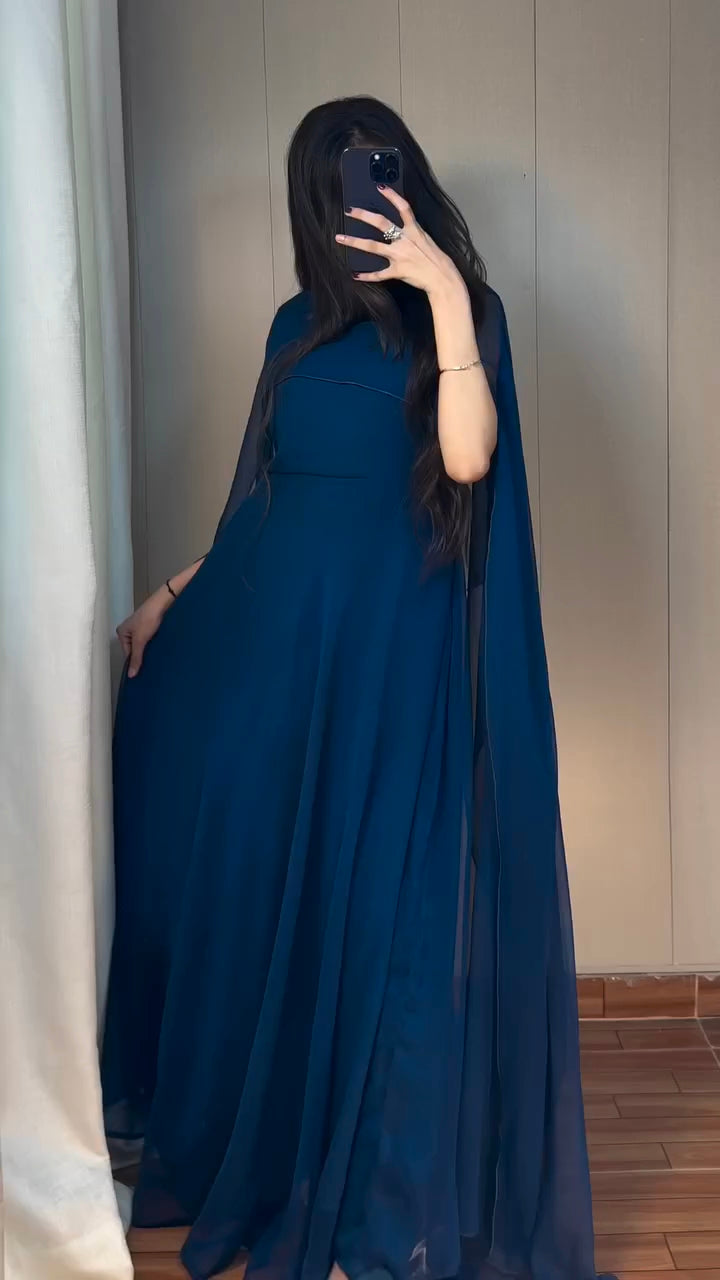 Navy Blue Georgette Cape Dress