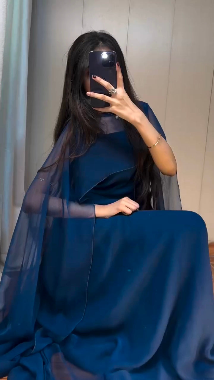 Navy Blue Georgette Cape Dress