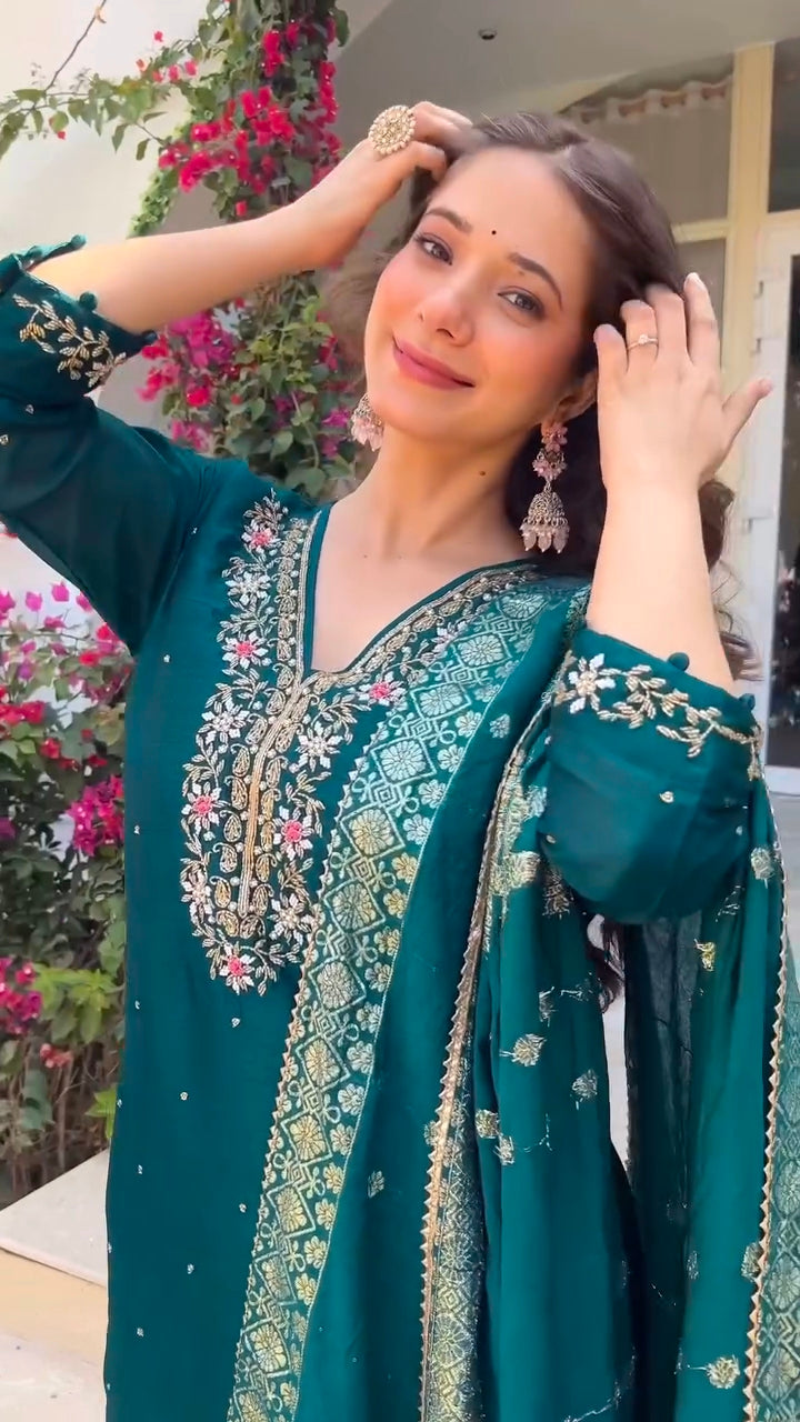 Premium Dola silk TEEJ special suit ❤️ With hand work and Banarasi dupatt