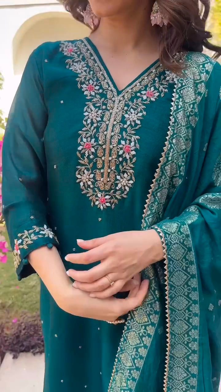 Premium Dola silk TEEJ special suit ❤️ With hand work and Banarasi dupatt