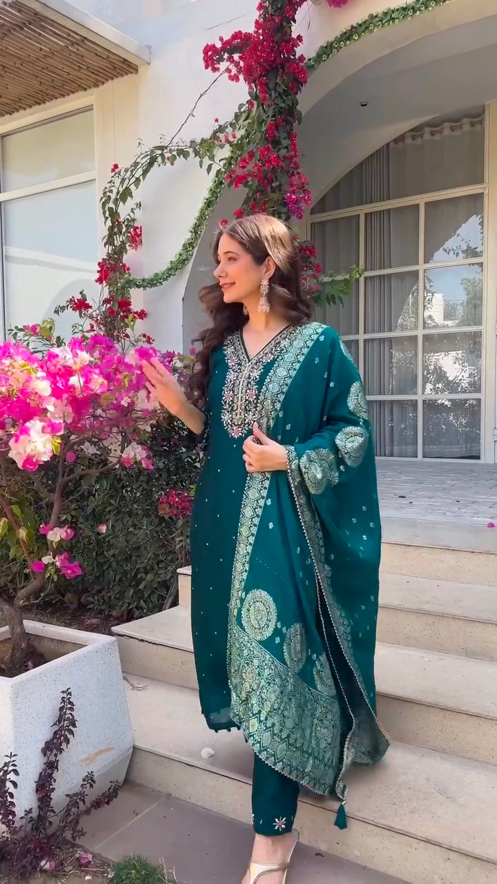 Premium Dola silk TEEJ special suit ❤️ With hand work and Banarasi dupatt