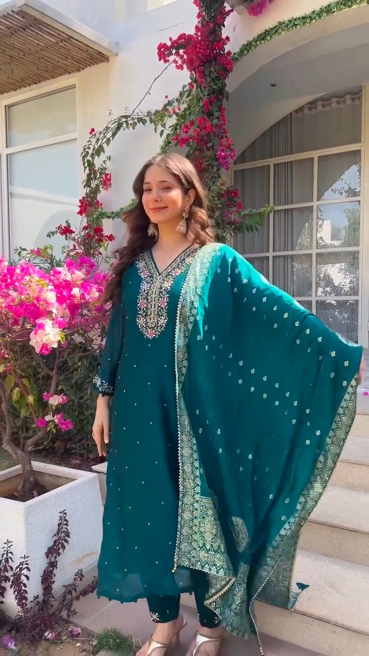 Premium Dola silk TEEJ special suit ❤️ With hand work and Banarasi dupatt