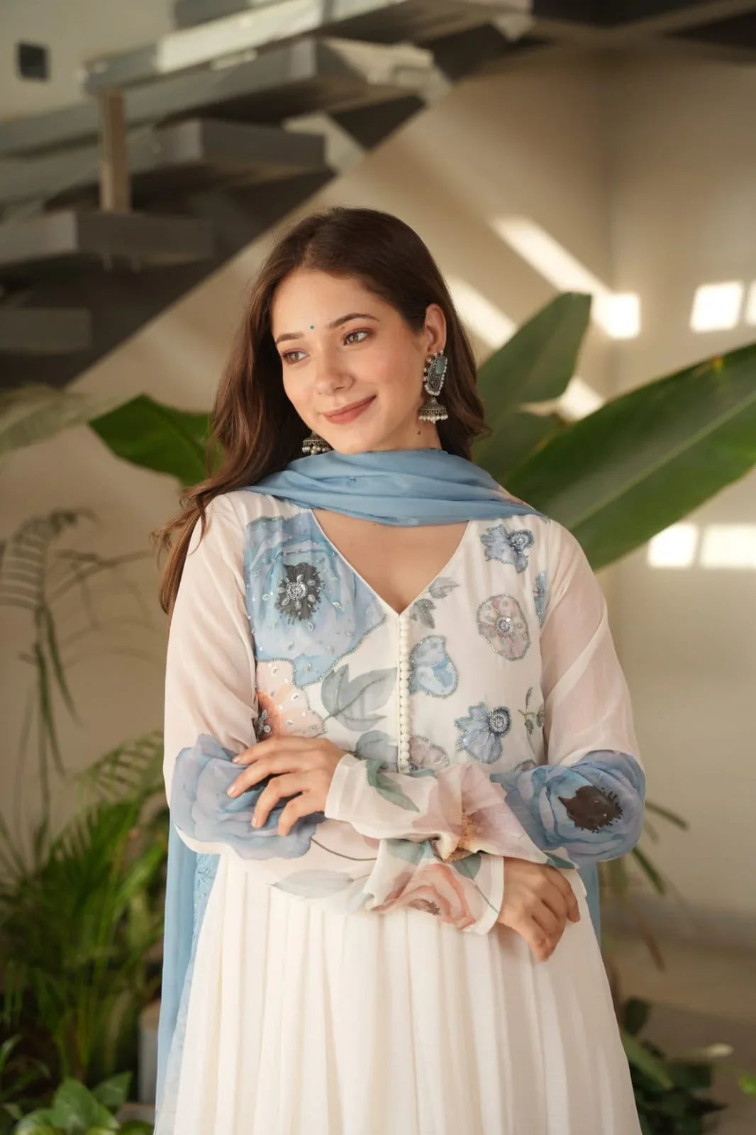 Premium Sky-Blue Viscose Chiffon Anarkali