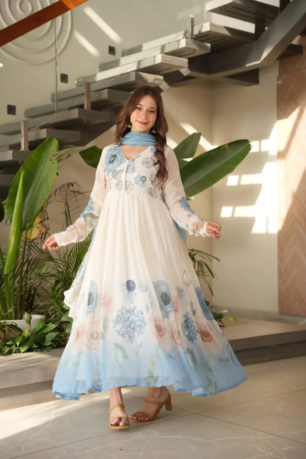 Premium Sky-Blue Viscose Chiffon Anarkali