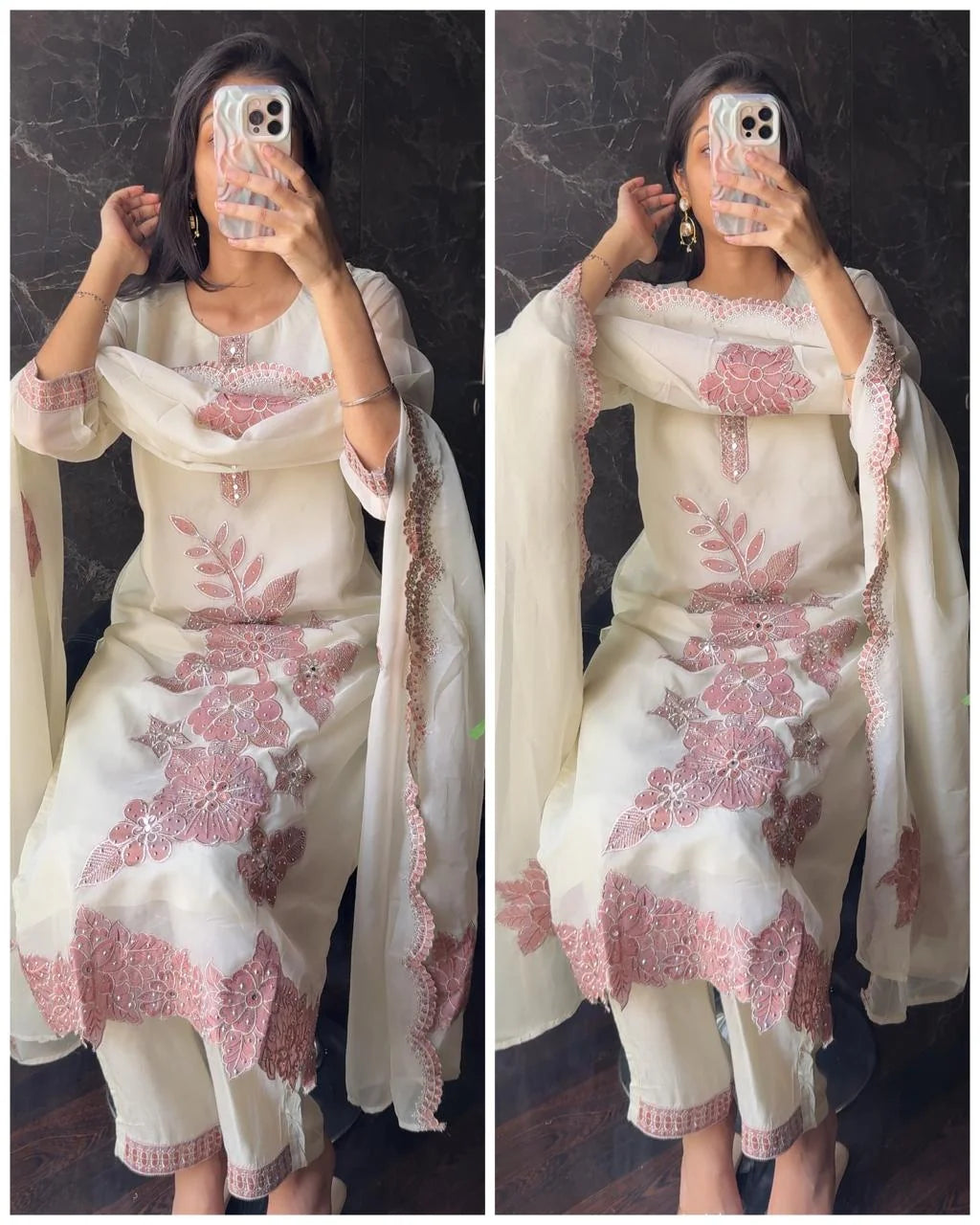 Ivory Embroidery Tissue Organza Fit -Peach