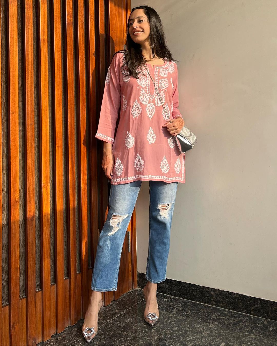 Women Chikan Embroidery Cotton Rayon A-line Kurta