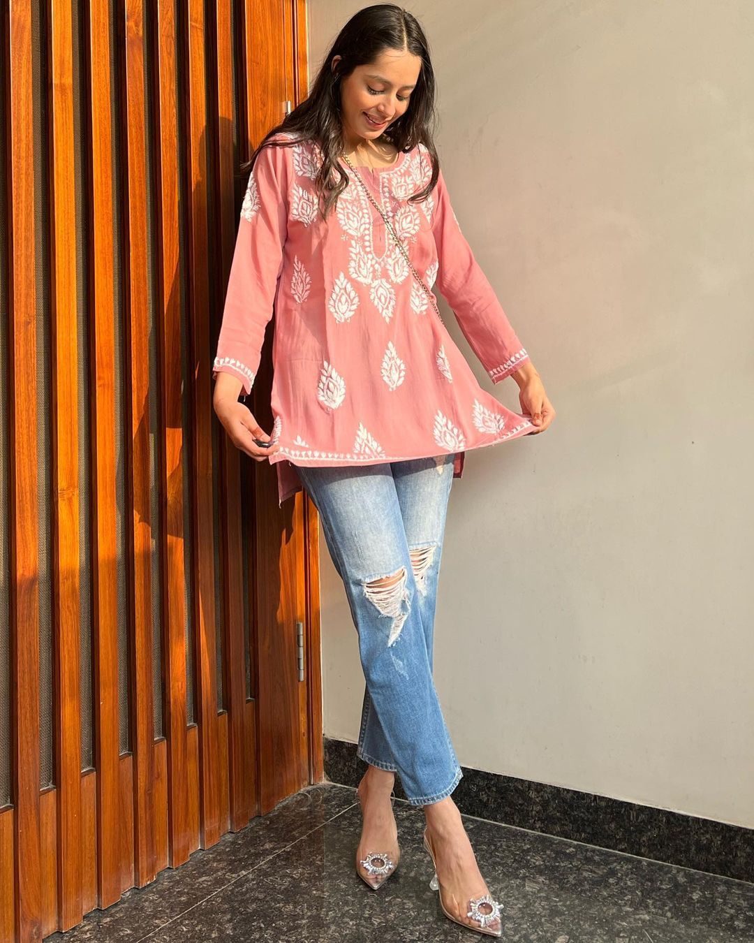 Women Chikan Embroidery Cotton Rayon A-line Kurta