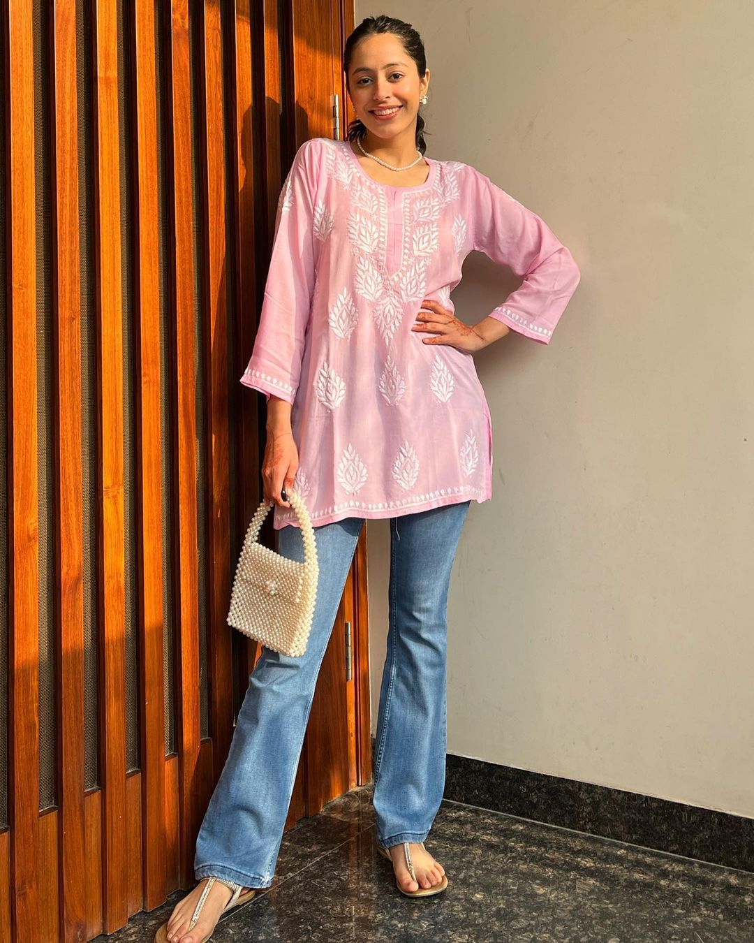 Women Chikan Embroidery Cotton Rayon A-line Kurta( pink)