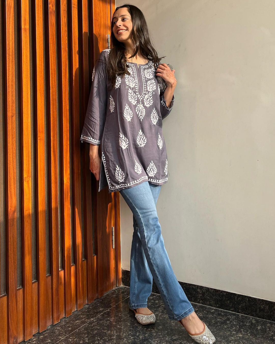 Women Chikan Embroidery Cotton Rayon A-line Kurta