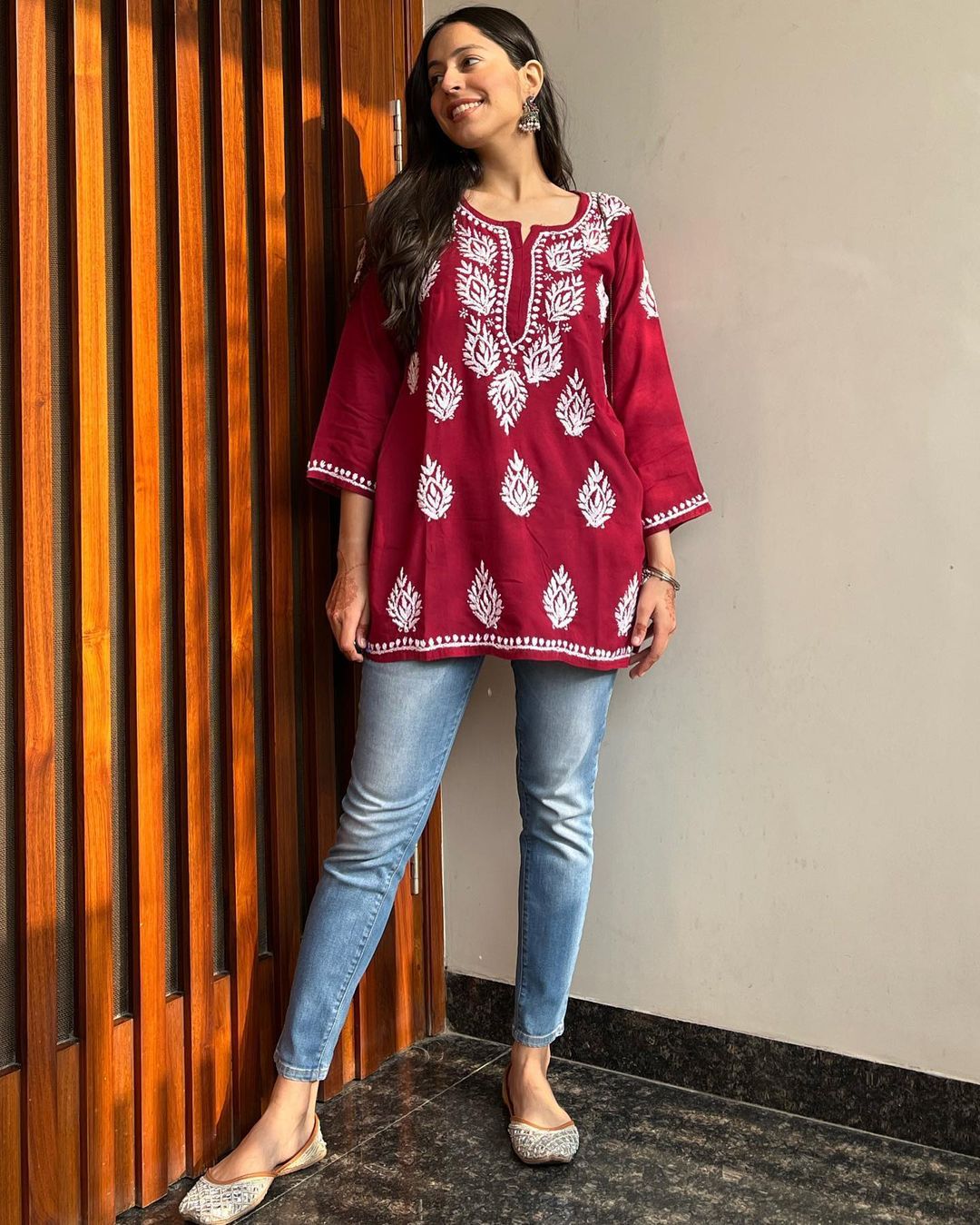 Women Chikan Embroidery Cotton Rayon A-line Kurta