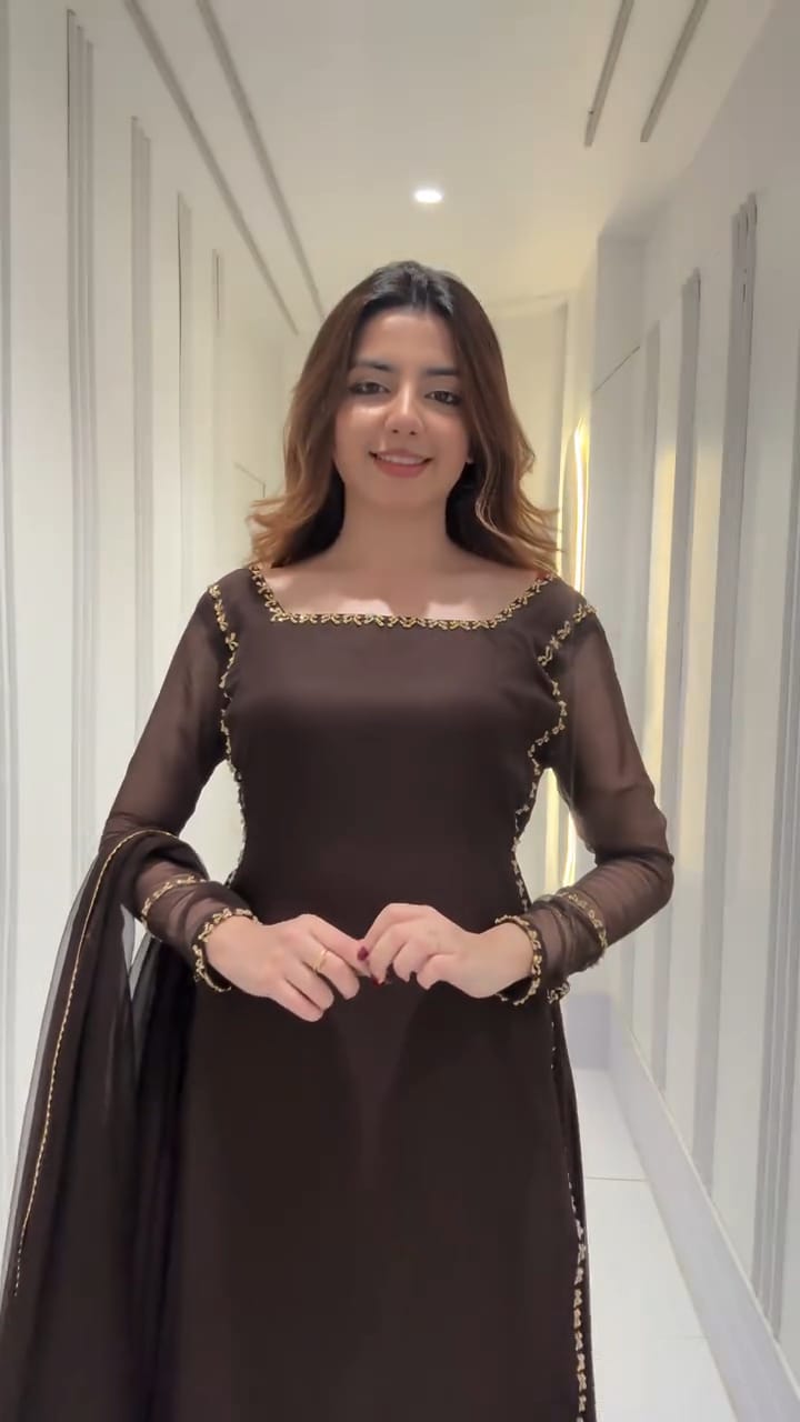 SOLID BROWN EMBELLISSHED LONG KURTA WITH GHARARA AND DUPATTA