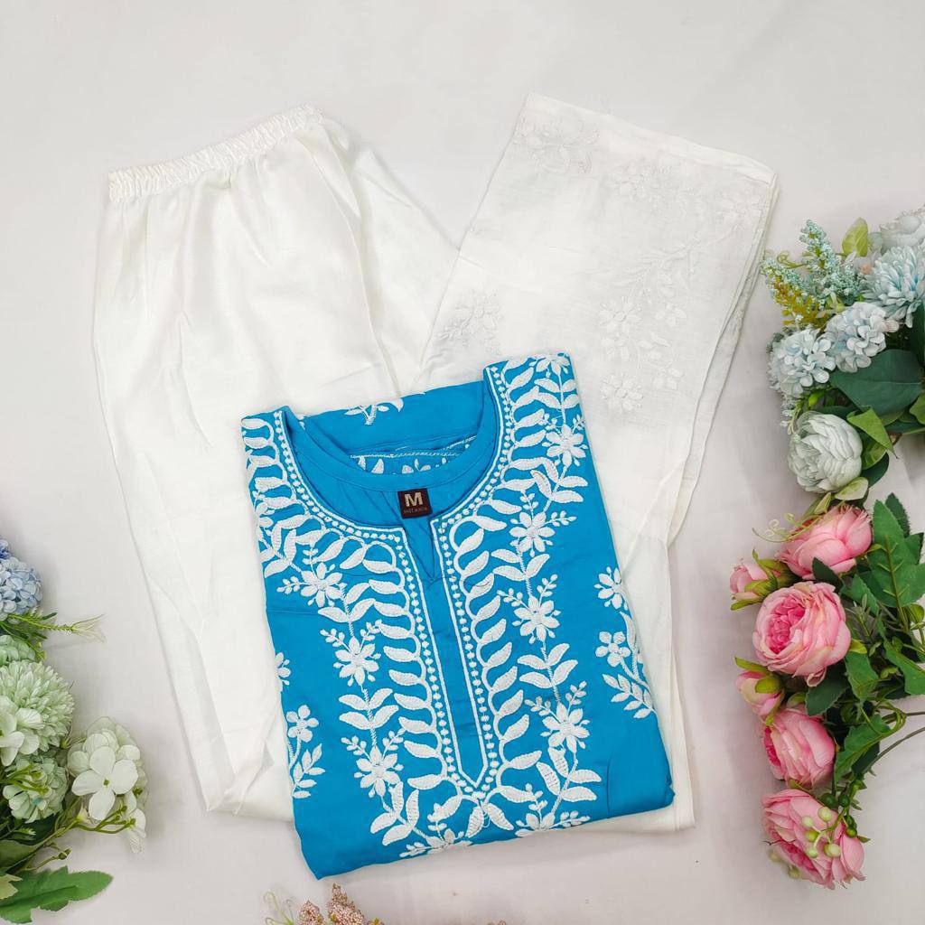 WOMEN CHIKAN EMBROIDERY Kurti_Pent Pair Design (Sky Blue)