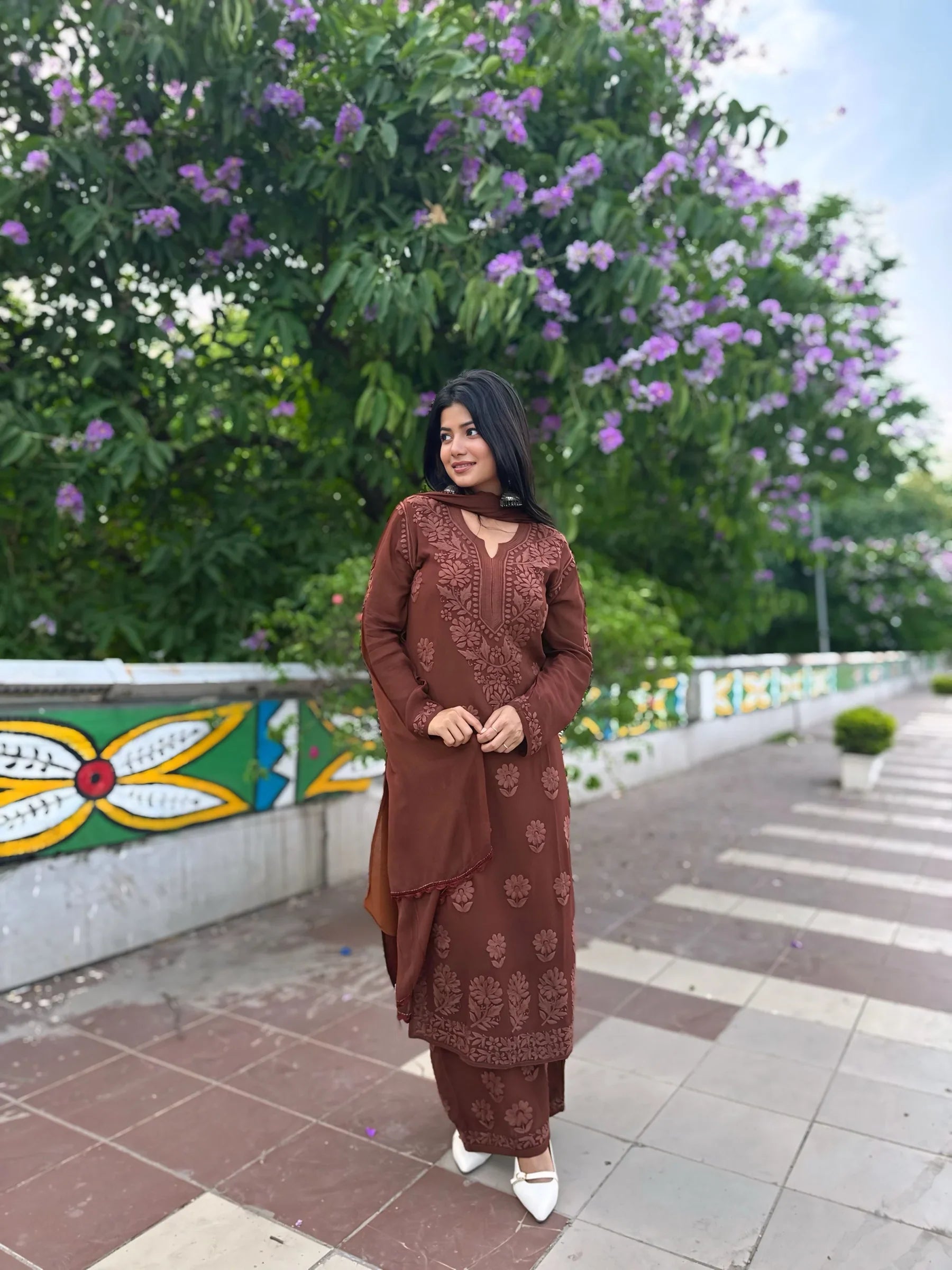 Viscose Georgette Straight Kurta Set With 3D Work (Brown)