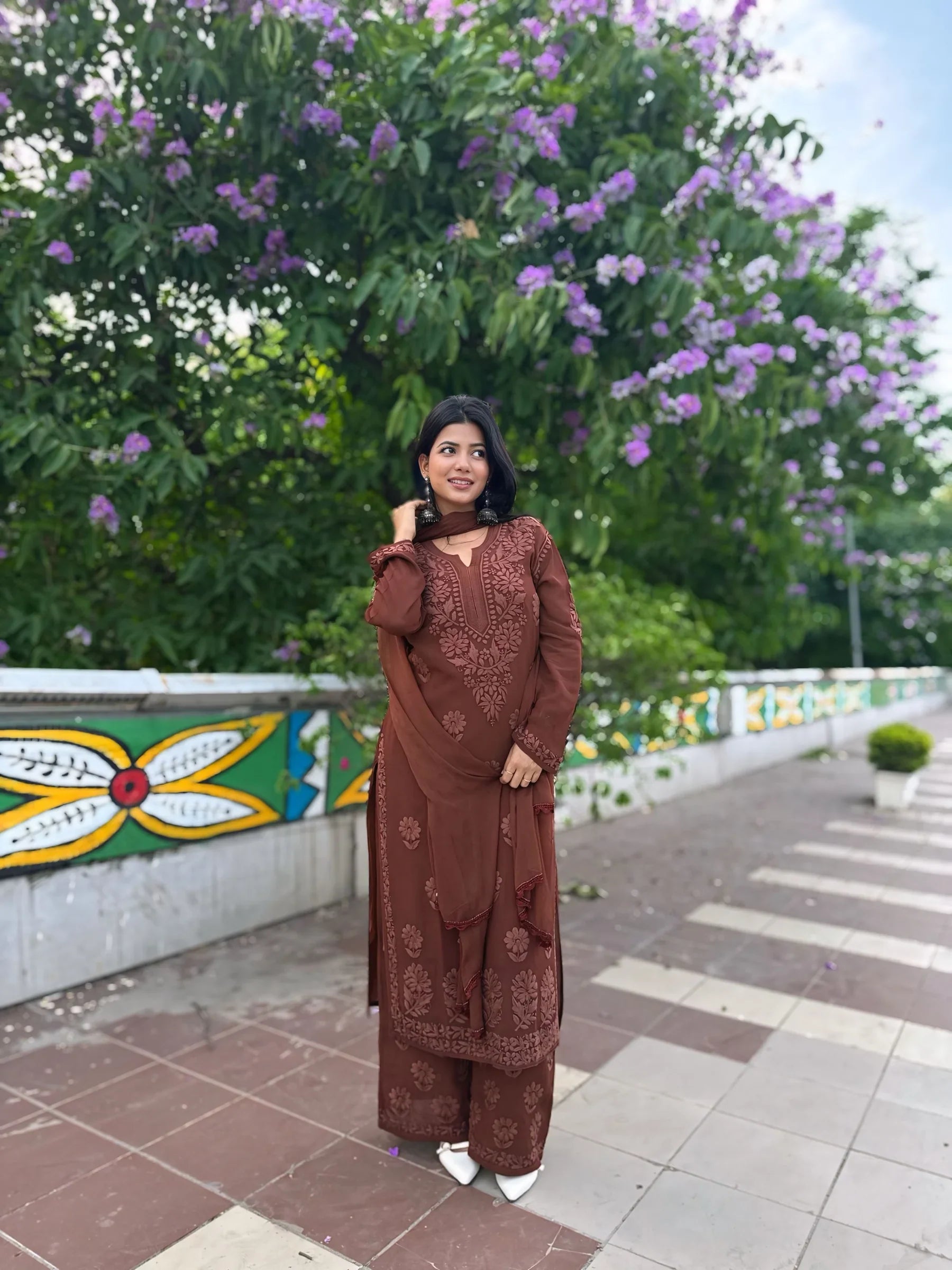 Viscose Georgette Straight Kurta Set With 3D Work (Brown)