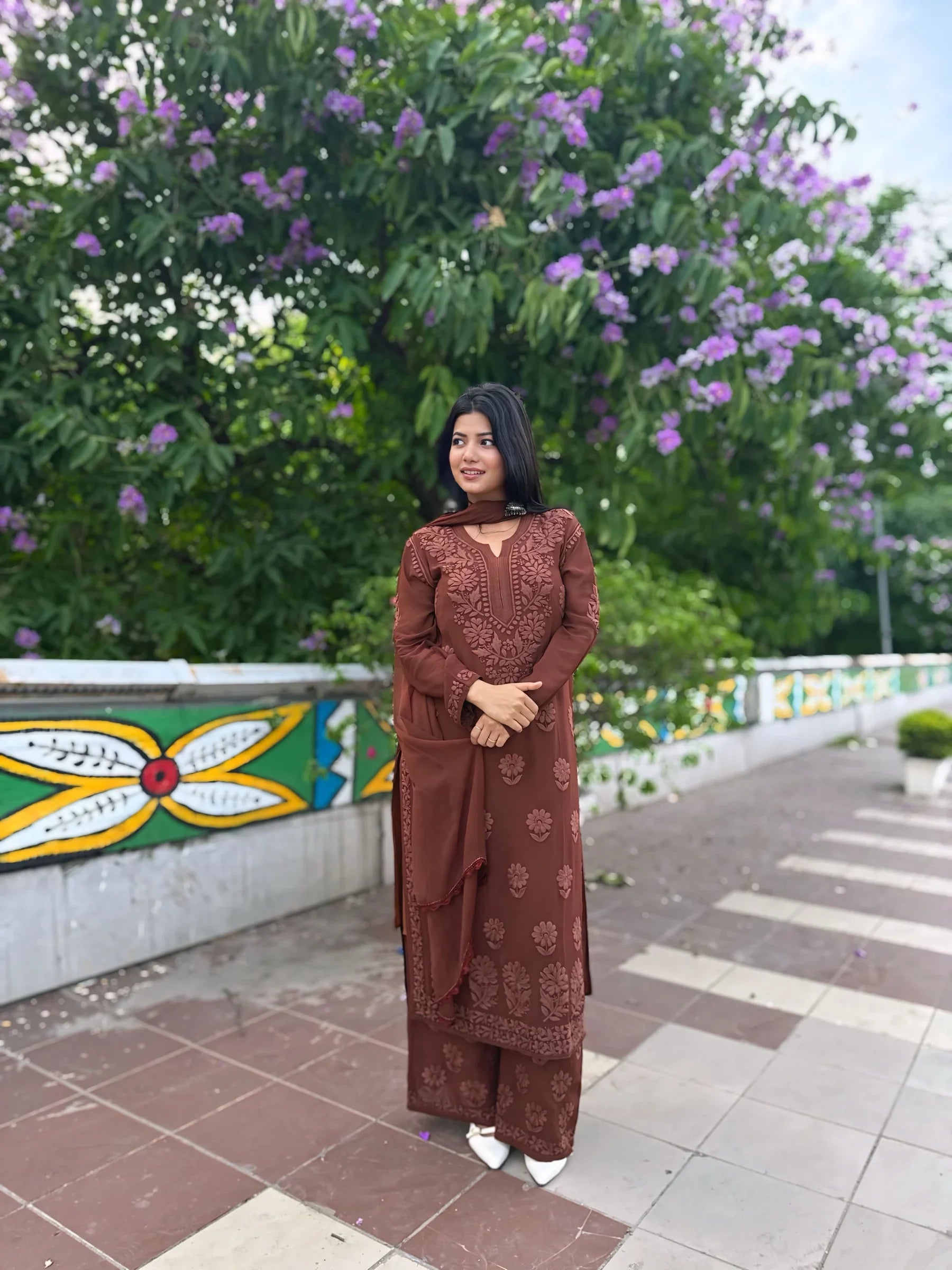 Viscose Georgette Straight Kurta Set With 3D Work (Brown)